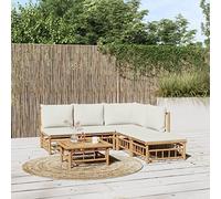 YunCangg Juego de 6 muebles de jardín de bambú con cojines blancos cremosos, resistente a la intemperie, mesa y reposapiés, ahorra espacio para terraza, balcón, porche