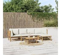 YunCangg Juego de 6 muebles de jardín de bambú con cojines de color blanco crema, resistente a la intemperie, para terraza y balcón, incluye mesa, sofá, reposapiés, grupo de asientos para jardín y
