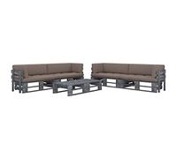 YunCangg Juego de 6 palés de madera de pino tratada a presión con cojines, 4 esquinas de sofá, 2 mesas, muebles de exterior para terraza, balcón, porche, resistente a la intemperie, ahorra espacio