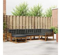 YunCangg Juego de 6 sofás de exterior con cojines de madera maciza de acacia natural y antracita para jardín, balcón, terraza, conjunto modular para horas relajantes y reuniones sociales