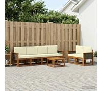 YunCangg Juego de 6 sofás de exterior de madera maciza de acacia con cojines de color crema, diseño de lamas, para jardín, terraza, balcón, conjunto flexible para relajarse y comer al aire libre