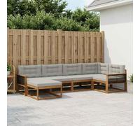 YunCangg Juego de 6 sofás de exterior de madera maciza de acacia con cojines en color natural y gris claro, conjunto modular para jardín, terraza, balcón, relajarse, comer, sentarse y vivir