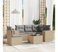 YunCangg Juego de 6 sofás de jardín beige de ratán sintético con mesa, cojines y tejido resistente a la intemperie para terraza, balcón y salón al aire libre para relajarse y asar
