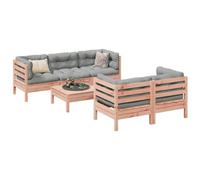 YunCangg Juego de 6 sofás de jardín de madera maciza Douglas con cojines, 4 sofás esquineros, 1 sofá central, 1 reposapiés, grupo modular para terraza, balcón, jardín, resistente a la intemperie