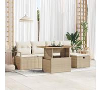 YunCangg Juego de 6 sofás de jardín de polirratán beige con madera de acacia, resistente a la intemperie, para terraza, balcón, exterior, salón