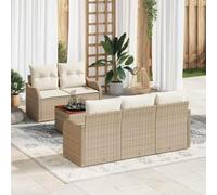YunCangg Juego de 6 sofás de jardín de polirratán y madera de acacia con espacio de almacenamiento, resistente a la intemperie e impermeable, modular para patio, balcón y jardín, color beige y crema
