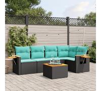 YunCangg Juego de 6 sofás de jardín negro con cojines, polirratán, resistente a la intemperie, para terraza, balcón, incluye mesa de madera de acacia, plegable