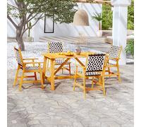 YunCangg Juego de comedor de jardín de 5 piezas de madera maciza de acacia con asiento y respaldo de polirratán, para terraza, balcón y exterior, incluye mesa de 140 x 70 x 73,5 cm y 4 sillas