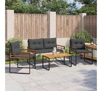 YunCangg Juego de muebles de jardín con cojín, 4 unidades, color gris pálido, madera de acacia y acero con recubrimiento en polvo, grupo de asientos para terraza, balcón, jardín de invierno