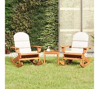 YunCangg Juego de salón de jardín Adirondack de madera maciza de acacia, 2 mecedoras, mesa de café, cojines de color blanco crema, resistente a la intemperie, para terraza, balcón, porche, exterior
