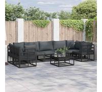 YunCangg Juego de sofá de jardín con cojín de 7 piezas, aluminio recubierto de polvo negro, 7 plazas, patas ajustables para terraza, balcón, jardín, salón, momentos relajados