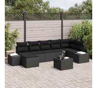 YunCangg Juego de sofá de jardín con cojín de 8 piezas, color negro, polirratán, resistente a la intemperie, juego de muebles con mesa y taburete para terraza, balcón, jardín, porche para relajarse y
