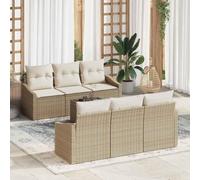 YunCangg Juego de sofá de jardín de 7 piezas con cojines en beige y crema, polirratán, resistente a la intemperie y ligero, incluye mesa, modular para balcón, terraza, exterior, cómodo y duradero