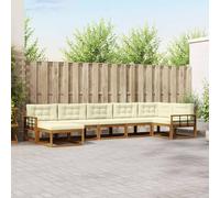 YunCangg Juego de sofá para exteriores con cojín, 7 unidades, color crema natural, madera de acacia maciza, modular, para jardín, terraza, balcón, cómodo para sentarse y relajarse