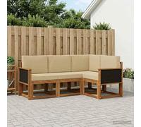 YunCangg Juego de sofás de exterior de 4 piezas con marco de madera maciza de acacia y funda de poliéster, color natural y beige, juego de jardín modular para balcón, terraza, jardín, combinación de