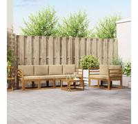 YunCangg Juego de sofás de exterior de 7 piezas de madera maciza de acacia con cojines en color beige natural, diseño de lamas, para jardín, terraza, balcón, combinación cómoda para relajarse y comer