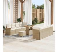 YunCangg Juego de sofás de jardín de 11 piezas, color beige, polirratán, mesa de madera de acacia, resistente a la intemperie, para exteriores, para terraza, balcón, porche, relax y momentos sociales