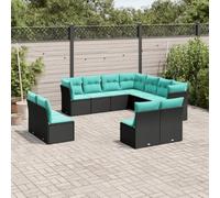 YunCangg Juego de sofás de jardín de 11 piezas con cojines de polirratán negro, resistente a la intemperie, juego de muebles para terraza, balcón, jardín, conjunto de asientos modulares con funda