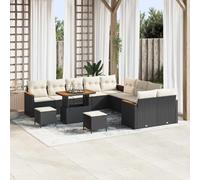 YunCangg Juego de sofás de jardín de 13 piezas, color negro de polirratán con madera de acacia, 12 plazas, muebles modulares para terraza, balcón, jardín, resistente a la intemperie y ahorra espacio