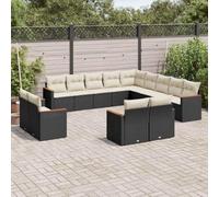 YunCangg Juego de sofás de jardín de 13 piezas, polirratán negro con cojines, resistente a la intemperie, para terraza, balcón, salón modular con espacio de almacenamiento, madera de acacia