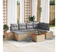 YunCangg Juego de sofás de jardín de 7 piezas con cojín, polirratán beige, resistente a la intemperie, juego de muebles para terraza, balcón, conjunto de asientos modulares con mesa y reposapiés