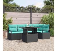 YunCangg Juego de sofás de jardín de polirratán negro y azul con cojines, 6 piezas modulares para terraza y balcón, resistente a la intemperie, cómodo y versátil para exteriores y jardines de invierno