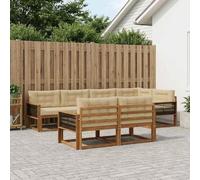 YunCangg Juego de sofás para exteriores con cojines 7 piezas natural y beige, madera de acacia maciza, 327 x 168,5 x 73 cm, modular, jardín, terraza, balcón, conjunto de asientos para relajarse