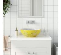 YunCangg Lavabo de cerámica blanco y amarillo redondo Ø41 x 14 cm con orificio de desagüe 4,5 cm, lavabo hecho a mano para baño, inodoro de invitados y renovación que ahorra espacio