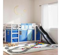 YunCangg Litera con tobogán y cortinas, color azul, 90 x 190 cm, madera de pino maciza, cama infantil con protección anticaídas, escalera y cortinas para sala de juegos y zona de dormitorio