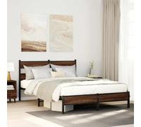 YunCangg Marco de cama roble marrón 150 x 200 cm, material metálico y madera con espacio de almacenamiento, cabecero y somier, marco de cama resistente sin colchón para dormitorio, incluyendo patas de