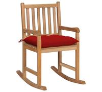 YunCangg Mecedora de madera maciza de teca con cojín rojo, resistente a la intemperie y cómoda, ideal como silla de jardín, silla de balcón o silla de terraza con respaldo y reposabrazos para