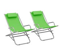 YunCangg Mecedoras 2 unidades, color verde, plegables, acero pulverizado, resistente a la intemperie, con reposacabezas acolchado, 69 x 61 x 94 cm, tumbona de jardín, tumbona de relax para balcón