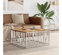YunCangg Mesa de centro de acero inoxidable plateado y madera maciza de 80 x 80 x 40 cm, mesa de salón con estructura estable y superficie fácil de limpiar para un moderno diseño de salón