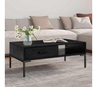 YunCangg Mesa de centro de madera de pino maciza, 90 x 50 x 35 cm, con cajón y compartimento, patas de metal, estilo industrial vintage, mesa auxiliar, estantería