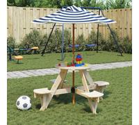 YunCangg Mesa de picnic para 4 niños de madera maciza de abeto con sombrilla azul y blanca, 120 cm de diámetro, mesa de jardín estable para terraza, balcón, exterior y camping, resistente a la