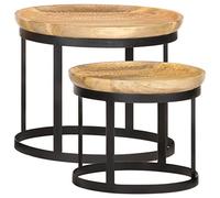YunCangg Mesas auxiliares redondas 2 piezas mango madera maciza y acero con estampado de flores talladas, mesa grande 53 x 44 cm y pequeña 43 x 36 cm, versátil como mesa de café, mesa de café
