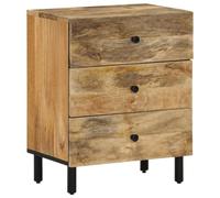 YunCangg Mesita de noche de madera maciza de mango, 50 x 33 x 60 cm, con 3 cajones, patas de hierro estable, pequeña mesa auxiliar para dormitorio, práctica mesita de noche para más espacio y orden