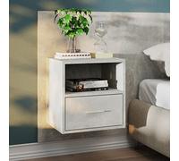 YunCangg Mesita de noche de pared gris hormigón de madera 38 x 31 x 39,5 cm con cajón, mesita de noche pequeña para dormitorio, montaje en pared, mesa auxiliar compacta para más espacio y orden