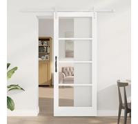 YunCangg ORKDAL Puerta corredera blanca 83 x 202 cm de madera maciza de pino y cristal, para interiores, con riel deslizante, ruedas, topes y guía de suelo para salón, dormitorio, cocina, garaje