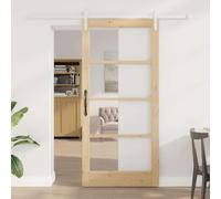 YunCangg ORKDAL Puerta corredera natural 93 x 202 cm de madera maciza de pino y vidrio, puerta interior con riel deslizante, 2 ruedas, guía de suelo y topes para salón, dormitorio, cocina o garaje