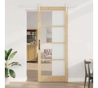 YunCangg ORKDAL Puerta corredera natural 93 x 232 cm madera maciza de pino y cristal para interiores, con riel, ruedas y topes de puerta, apto para renovación, nueva construcción, pasillo, sótano y