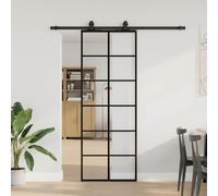 YunCangg Puerta corredera con herraje, color negro, 76 x 205 cm, cristal ESG, puerta interior, puerta de habitación, apartamento y puerta de casa con riel deslizante de acero, junta, tirador