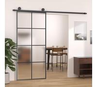 YunCangg Puerta corredera con herraje de 90 x 205 cm de vidrio templado y aluminio, color negro mate, con riel deslizante, ruedas, topes de puerta y guía de suelo, para pasillo, sótano, renovación y