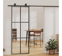 YunCangg Puerta corredera con herraje de vidrio templado y marco de aluminio, 76 x 205 cm, acero pulverizado, parada suave, incluye riel deslizante, rodillo, tope de puerta para habitación, baño