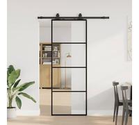YunCangg Puerta corredera con herraje negro vidrio templado 76 x 205 cm, aluminio y acero pulverizado, ahorra espacio para vivienda, cocina, baño, garaje, con carril silencioso y junta