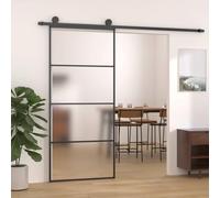 YunCangg Puerta corredera de vidrio templado esmerilado con marco de aluminio negro, 90 x 205 cm, grosor de cristal de 5 mm, grosor de puerta de 2 cm, incluye tope para puerta, funcionamiento