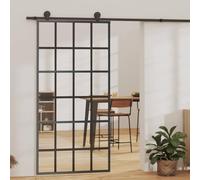 YunCangg Puerta corredera de vidrio templado y aluminio, 102 x 205 cm, color negro, puerta interior con marco, hoja de cristal transparente, adecuada para habitación, cocina, baño, con tope y junta