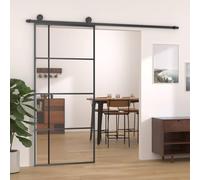 YunCangg Puerta corredera de vidrio templado y aluminio negro, 90 x 205 cm, hoja de 5 mm con tope para puerta, para renovación y nueva construcción, solución de entrada que ahorra espacio con luz