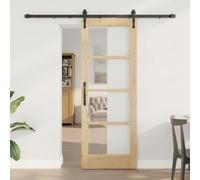 YunCangg Puerta corredera en natural y negro, madera de pino sólido y cristal, 73,5 x 198,5 cm, para uso en interiores, deslizamiento silencioso, solución de ahorro de espacio para salón, dormitorio