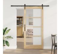 YunCangg Puerta corredera natural 93 x 202 cm madera maciza de pino y cristal para renovación de nueva construcción casa entrada pasillo sótano con rodillo de riel para interiores, deslizamiento